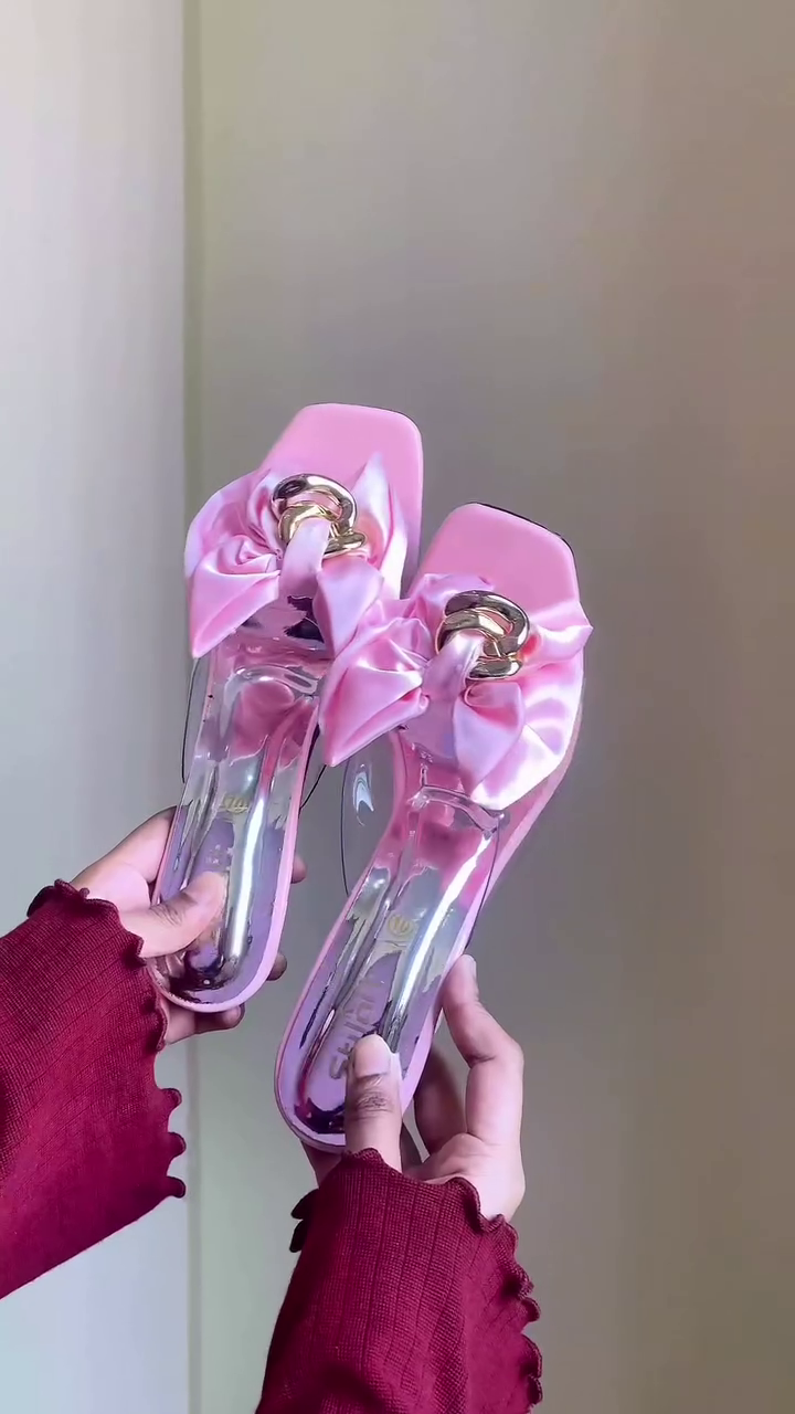 Transparent Heeled Sandals – Pink Satin Bow with Metallic Accent Elegant Party Heels