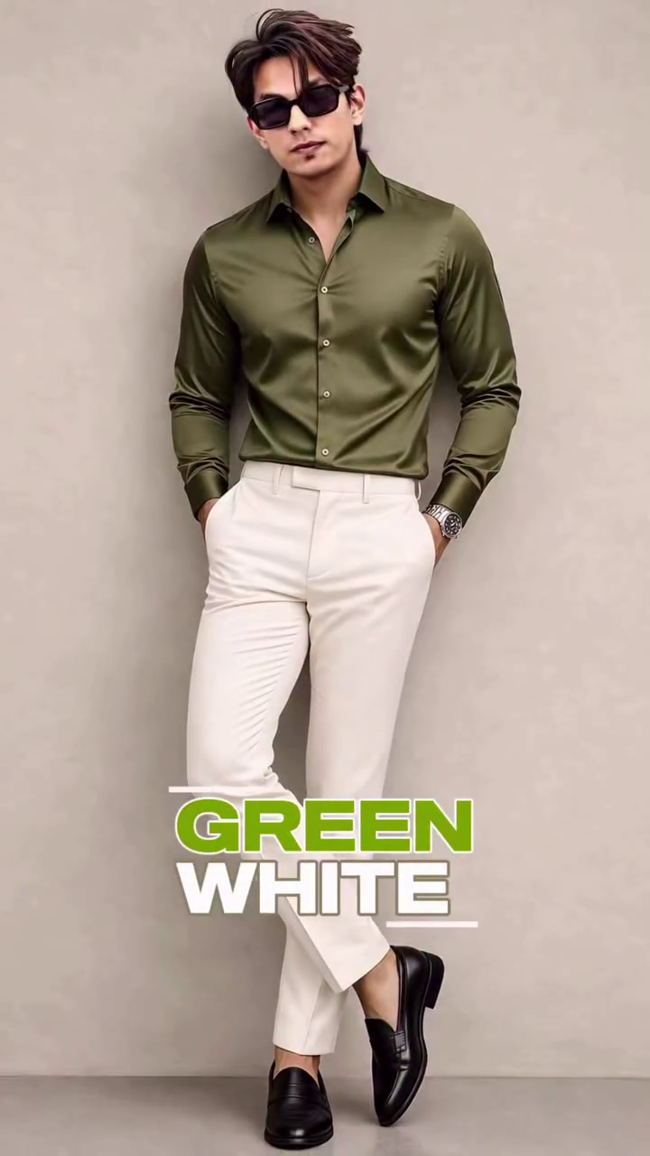Beyoung Men’s Solid Green Satin Formal Shirt with White Trousers – Elegant Party & Occasion Wear