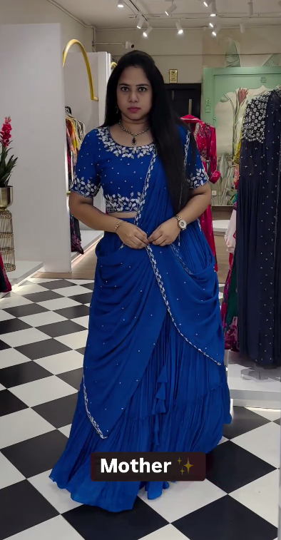 Organza Handworked Saree & blue handworked dupatta Set