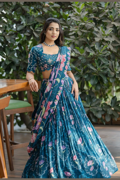 Green Printed Lehenga Set