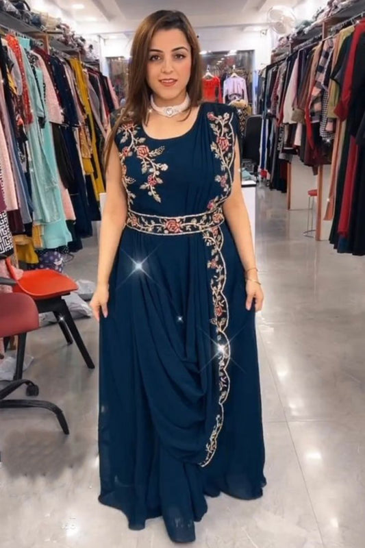 Peacock Blue Georgette Anarkali Style Long Gown