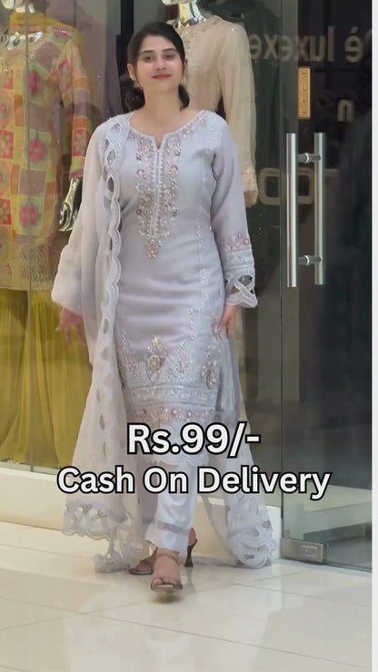 Women's Rayon Embroidered Kurta, Pant with Dupatta Set