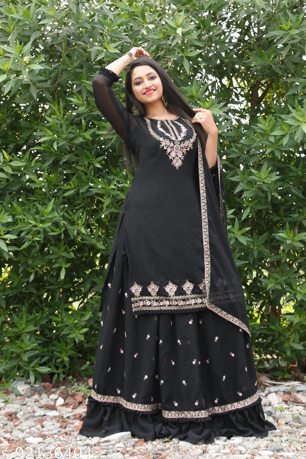 BLACK FAUX GEORGETTE FULL STITCHED EMBROIDERED LEHENGA CHOLI WITH SANTOON INNER AND GEORGETTE DUPATTA FULL FLARED LEHENGA CHOLI SUITS