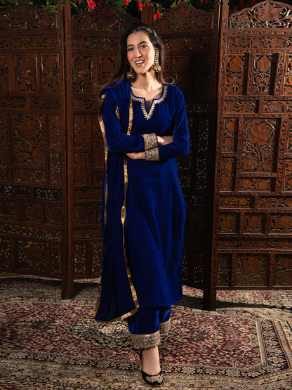 BEAUTIFUL ROYAL BLUE VELVET KURTA SET FOR WOMEN