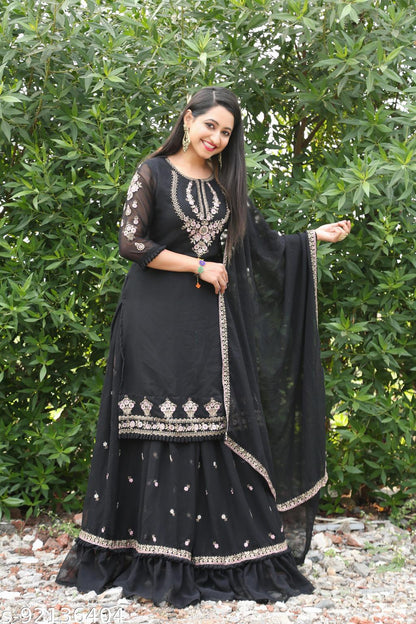 BLACK FAUX GEORGETTE FULL STITCHED EMBROIDERED LEHENGA CHOLI WITH SANTOON INNER AND GEORGETTE DUPATTA FULL FLARED LEHENGA CHOLI SUITS