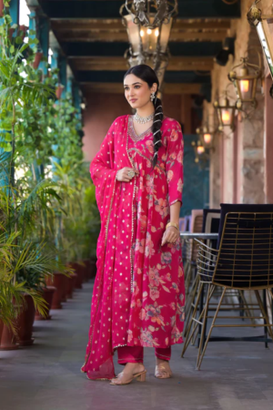 New Pink Chinon Floral Print Alia Cut Anarkali Dress