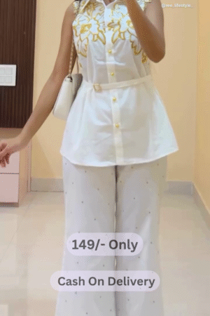 White Ethnic Co-ord Set for Women – Elegant Gold Embroidery, Luxe Festive Look with Contemporary Comfort