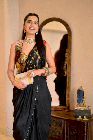 🌸 Bhavdeep Kaur in Vintage Lily Drape Saree with Bustier and Jacket – Contemporary Elegance Meets Timeless Charm 🌸