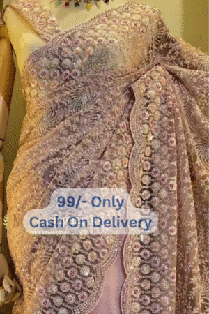 Peach Net Designer Saree With Embroidered Sleeveless Blouse – Elegant Party Wear