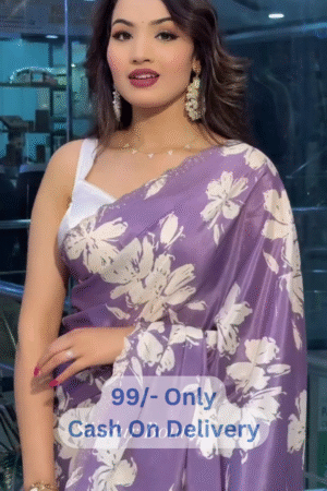 Stunning Purple Floral Digital Print Silk Saree With Satin Laced Border & Unstitched Blouse Piece