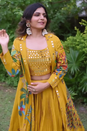 Desirable Yellow Embroidered Sharara Suit Set with Koti & Blouse for Women