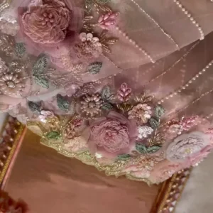 Elegant Embroidered Saree with Floral Motifs and Pearl Accents