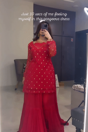 Crimson Glow Georgette Sharara Set with Golden Detailing ✨🌹